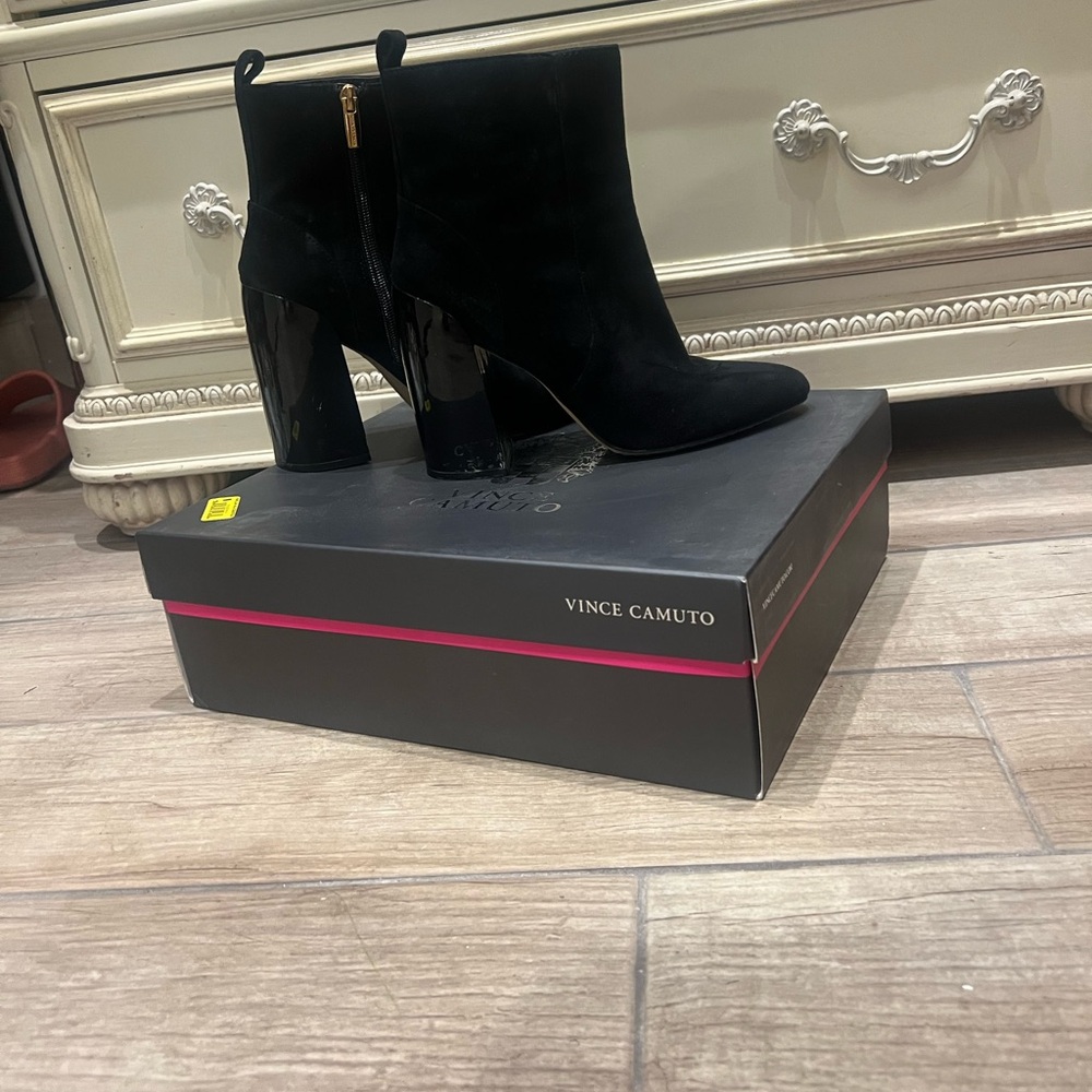 Vince Camuto Black Suede Ankle Boots with Glossy Block Heel